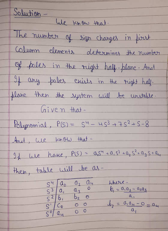Solution - We know that. The number of sign changes in first Column elements determines the number of poles in the right half