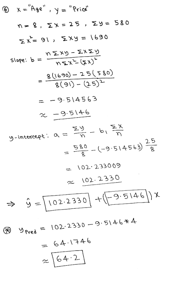 © x= Age, y = Price no 8, Ex = 25 , Ey = 580 Ex= 91, Exy = 1690 nExy - EXEY Slope: b = - nex²({x)² 8(1690) – 25(580) 8(9