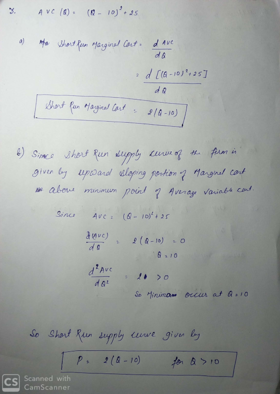 7. Ave (8) - (0-10)+25. 1 Ara Short Reen Marginal Corte d Ave da ad [(Q-10)2 + 25 dQ Short Pun Marginal Cort a 210-10) b) Sin