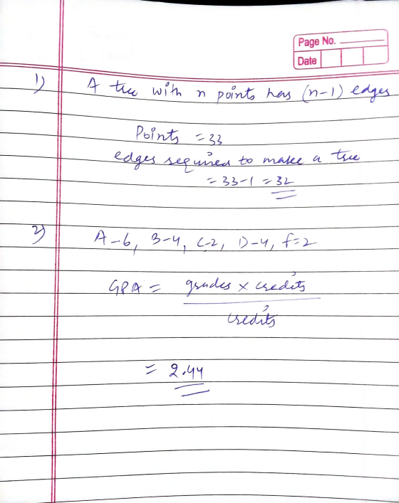 Page No. Date X A tree with a points has (n-1) edges Points = 33 edges sequired to make a tree -33-1-32 3 A-6, 3-4, 6-2, D-4,