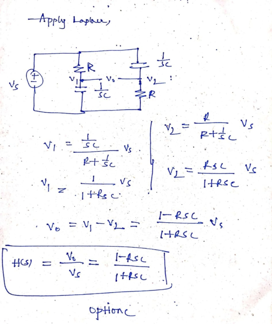 Apply Laplace, ER i te Vg ER Vs V Vs Rtis Vi = & Vs Rt Še Vz Itsci Vi- Vs Roc THRSC Vs I-RSC Vo = y; -V2= HRSL HOSI I-RSC = V