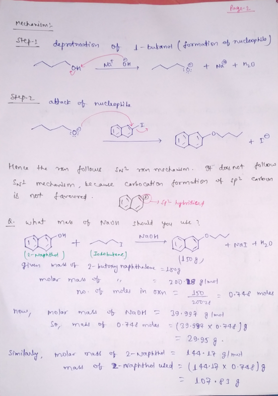 Page 2 Mechanisms Step-1 deprotonation non of 1-butanot (formation of nucleophile) Nat in no + Na + m20 Step-2 attack of nucl