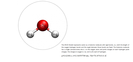 The SPC/E Model represents water as a triatomic molecule with rigid bonds, i.e., both the length of the oxygen-hydrogen bonds