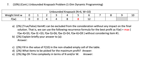 7. (10%) (Cont.) Unbounded Knapsack Problem (1-Dim Dynamic Programming) Weight limit w 0 : 6 Weight limit w F(w) 7 Unbounded