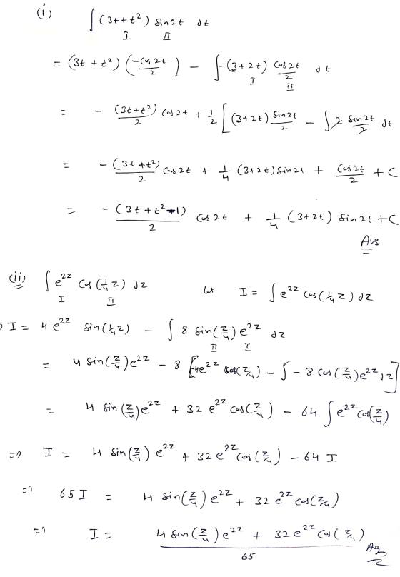 ci (3t+t²) sinat dt 오 3+ + +?) -C420 |-63+2+) (3+2+) Cos 24 dt T = (3t+t²) (032+ + 2 | (3124) Sinz Sinat Z Jt 2 Il - (3+++?)