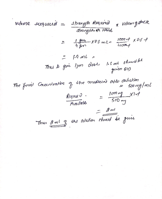 volume llequued = x volum q steele strength Requño Strength of Hande gm-Xml 4 m 1000 mp Xhost ucrtep 19 mL Thus to gin Iym do
