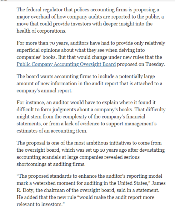 The federal regulator that polices accounting firms is proposing a major overhaul of how company audits are reported to the p