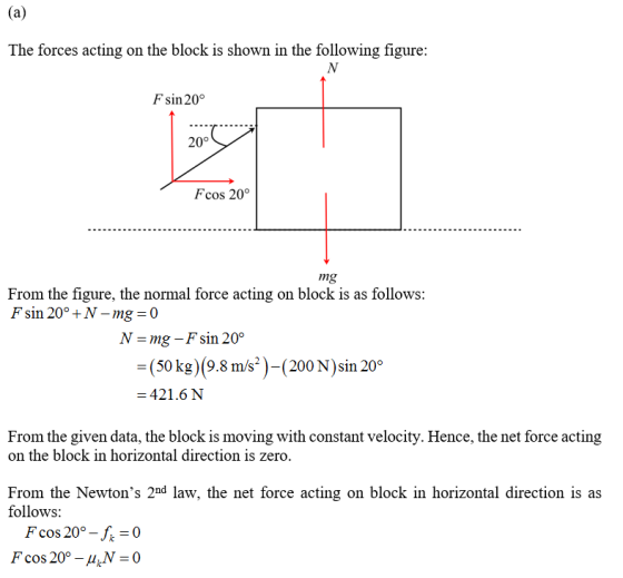 (a) The forces acting on the block is shown in the following figure: F sin 20° 200 Fcos 20° mg From the figure, the normal fo