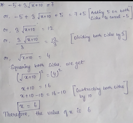 5 on both * - 5+3 5x+10 = 7 m, -5+ 3 5x+10 + 5 3 J2+10 + 5 = 4 +5 Adding or 3 Jat10 Sides to cancel - 5 = 12 m, by 3 3 Ix+10