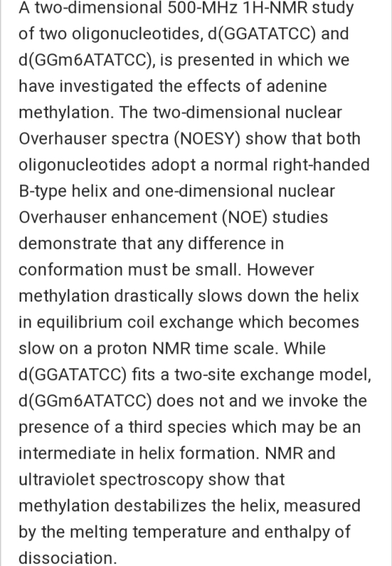 A two-dimensional 500-MHz 1H-NMR study of two oligonucleotides, d(GGATATCC) and d(GGM6ATATCC), is presented in which we have