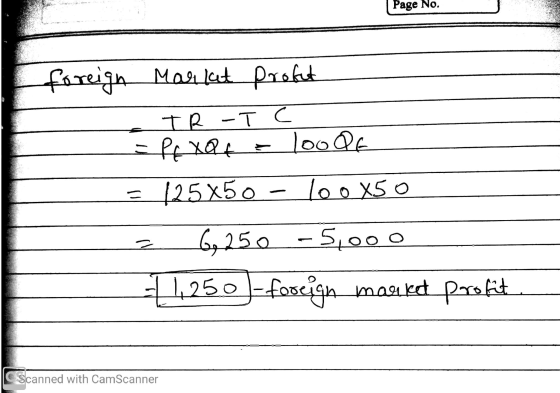 | Page No. foreign Market prokut TR-TC = PA XQf = loop = 125X50 - loo X50 = 6,250 - 5,000 -1.250 1-foreign market profit Scan