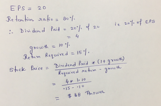 EPS = 20 Retention ratio = 80% & Dividend Paid = 20% of 20 = 4 ie 20% of EPS growth = 10 % Return Required = 15%... Price = D