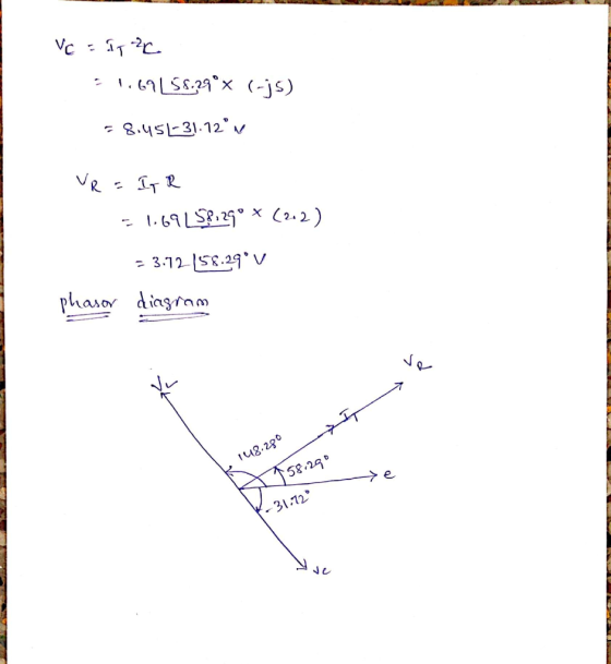 vс : 11 гр. • L. [ St.31°x (-js) 58.451-31.72°N VR = I R -1.69.58,29* (212) = 3.72158.29 v phasor diagram 148.28° 158.290 e