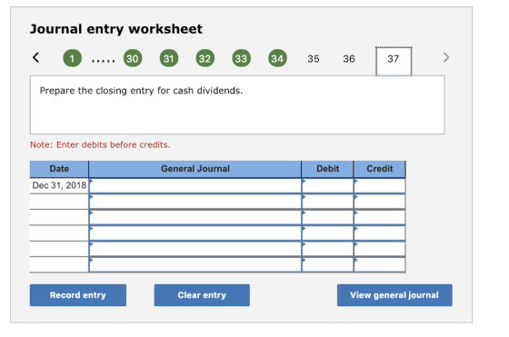 Journal entry worksheet 30 31 32 34 35 36 37 Prepare the closing entry for cash dividends. Note: Enter debits before credits Date General Journal Debit Credit Dec 31, 2018 Record entry Clear entry View general journal