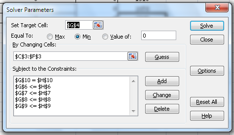 Solver Parameters $G$4 Set Target Cell: Solve Equal To: 0 Value of: Max Min Close By Changing Cells: $C$3:$F$3 Guess Subject