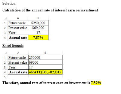 Solution Calculation of the annual rate of interest earn on investment 1Future ul S250,000 2 Present vaue$69,000 3 Year 4 17