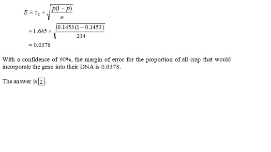 E = zcx =1.645 x 0.1453 (1 -0.1453) 234 = 0.0378 With a confidence of 90%, the margin of error for the proportion of all crap