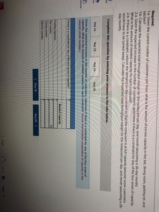 Required: 1-a. Given the current number of customers per hour, what is the amount of excess capacity in the bar, dining room,