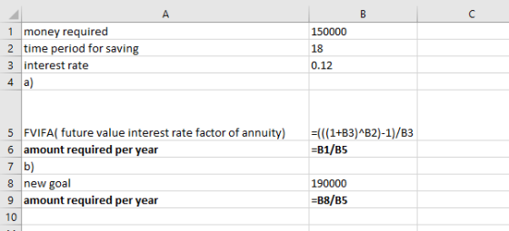 1 money required 150000 2Ц time period for saving 3 interest rate 18 5 FVIFA( future value interest rate factor of annuity) 1+B3)AB2)-1)/B3 6 amount required per year 7 b) 8 new goal -B1/B5 190000 amount required per year 10 -B8/B5