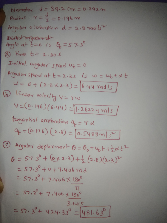 Diamotor d = 39.2 cm = 0.392m Radius r=/= 0.196m. Angular a coeration 2 = 2 8 radli Pearhal angaton dr Argle at t=0 is o=57.3