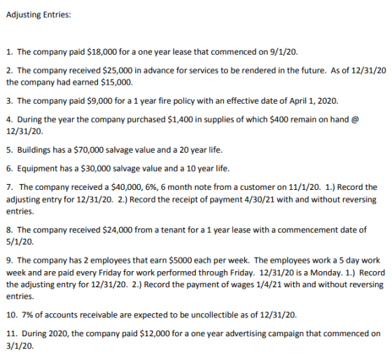 Adjusting Entries: 1. The company paid $18,000 for a one year lease that commenced on 9/1/20. 2. The company received $25,000