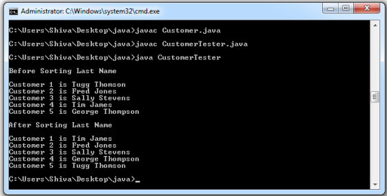 .Administrator: C:\Windowslsystem321cmd.exe C:NUsers Shiva\Desktop java>javac Customer.java C:NUsers Shiva\Desktop java>javac