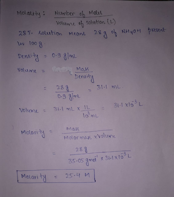 Molality: Number oh Molus Volume of solution (L) 281. Loluthon Means 28a ob NHyoH present n lo08 0-9gImL Density OnoMax Denvi