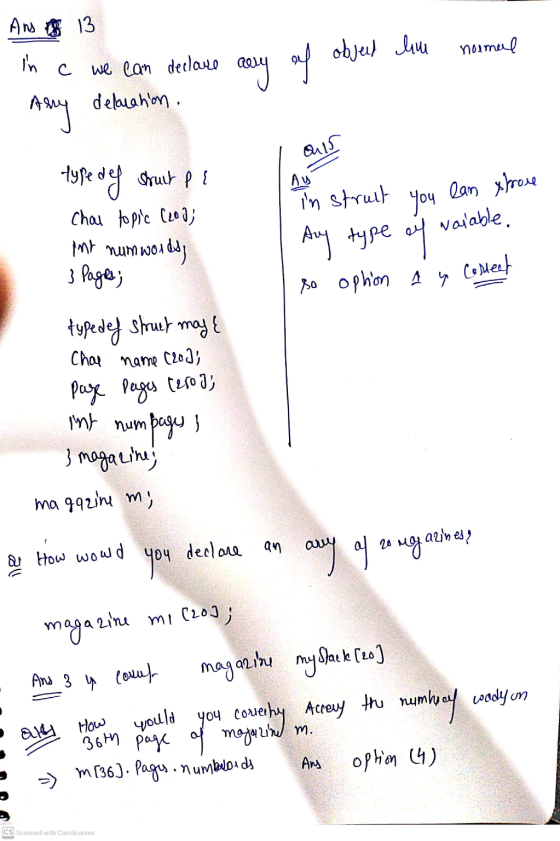 nolmal An 13 in с delarahon. we can declare arry of object huu Any Q5 PE typedef struct Chal topic (203) Ant numwol poids 3 P