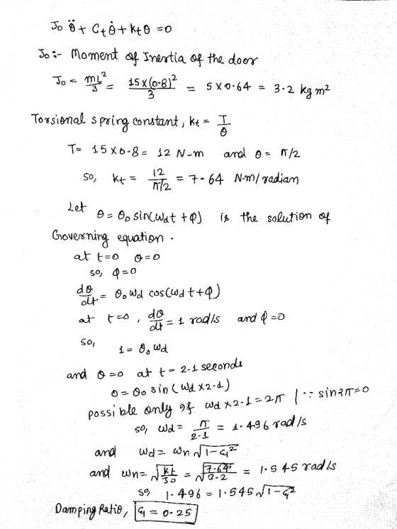 Jo ät Gto+kto=0 Jo ir moment of Inestia of the door Jo a mi? 15X(0-812 - 5x0.64 = 3.2 kg m2 5 Torsional spring constant, kt =