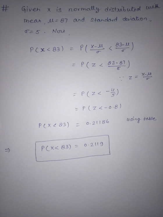 = 5. Noro < 30) # Given x is normally distributed with mean ll=87 and standard deviation PCX<83) = P(x-du = P(Z < 83-87) X-u