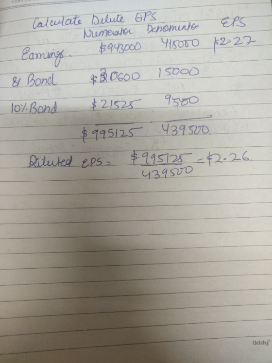 FOMU Calculate Delute EPS Premerahar beromenhos EPS Eamings $9.43000 415000 62- 22 & Bond & 30600 15000 10%. Bond $21525 9500
