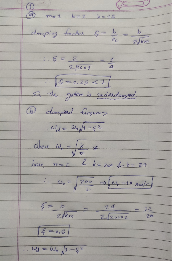 1 Date Page @ m-1 b=2 k = 16 domping factor = b b be 2 km 1 4 So The 4 = 2 2/16 x 1 e = 0.25 21 undesdamped dompied frequency