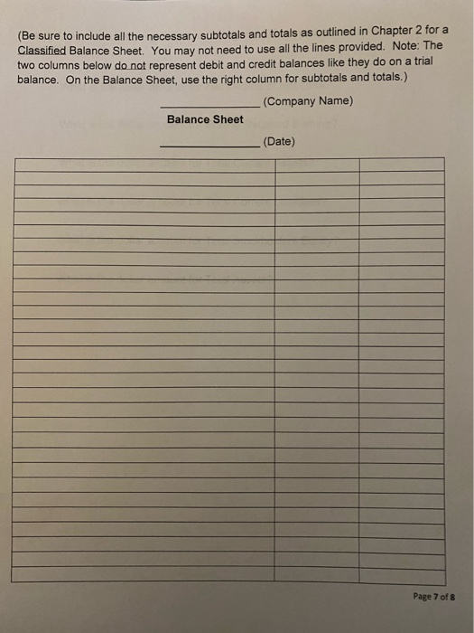 (Be sure to include all the necessary subtotals and totals as outlined in Chapter 2 for a Classified Balance Sheet. You may n