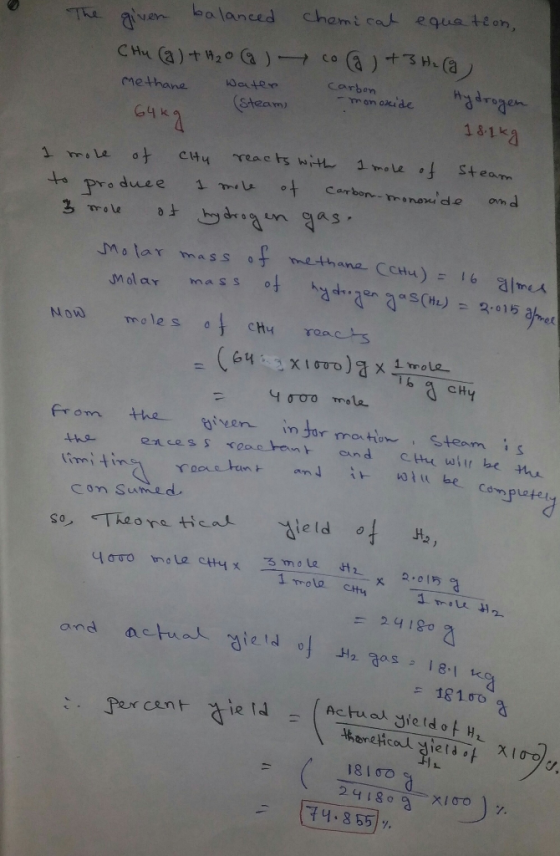 The giver balanced CHu (2) + 420 (9) methane water chemical equation, cola ) + 3H₂ (9) Carbon 64kg (steam -monoxide Hydrogen