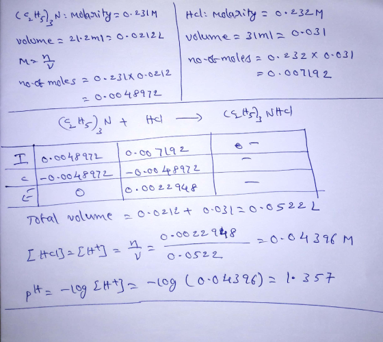 (ets): nolarity = 0.231M volume = 21.2m1= 0.02122 Man no of moles = 0.23LX0-0212 20-0048972 ats) N + Hal 1 Hel: Molarity = 0.