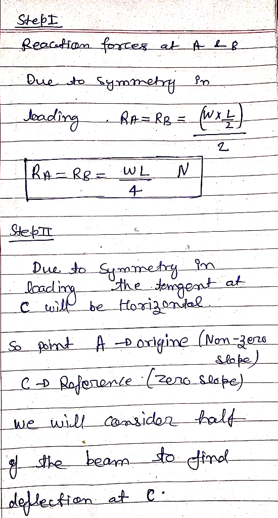 Stept Reaction forces at A LB Que to symmetry in leading RA= RB = (W x 2) TRA= RB = WL L 4 N 1 Stebli I Due to Symmetry in th