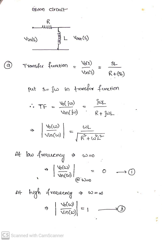 Given circuit R ult Vin(s) Lvour(s) Transfer frenction SL - Vols) Vin(s) R+() put sa jw in transfer function IWL i. TF Volje)