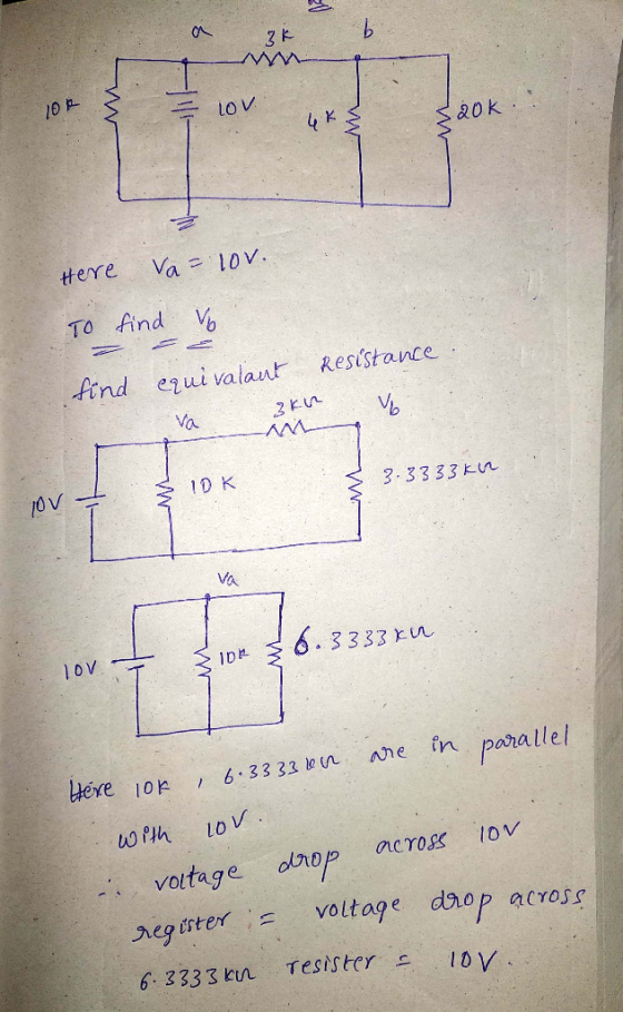 3k 102 20k Here To Va= lov. find Vo find equivalant Resistance. Va3kW V 3-3333 km 10K ov - 333 km LOVI Zior are in parallel H