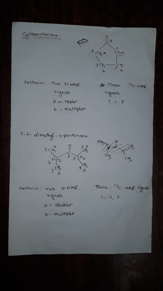Cyclopentanone DO 2 ctha cita 3 CH₂ CH2 contains: & 13 C-NMR Two H-NMR Signals a= triplet b = multplet Three signals 2,4-dime