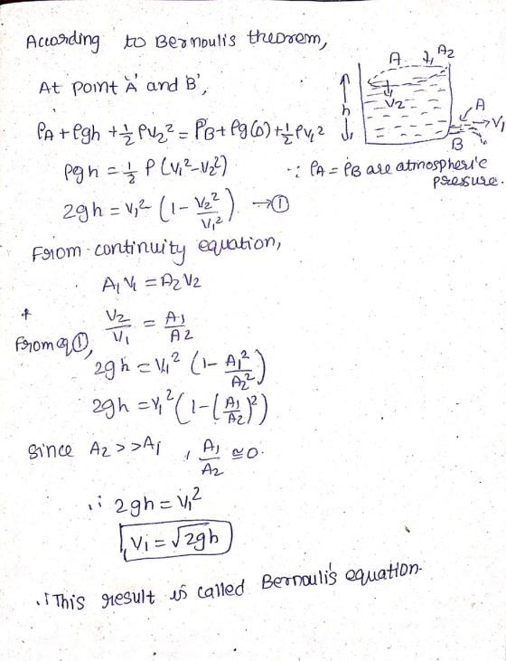 According to Bernoulis theorem, . At point å and B?.. Par@gh + 2 puz? = PB+ Pg 62 tk PV2 M, B our pgn = 1/2 PLY, ?-1122) : P