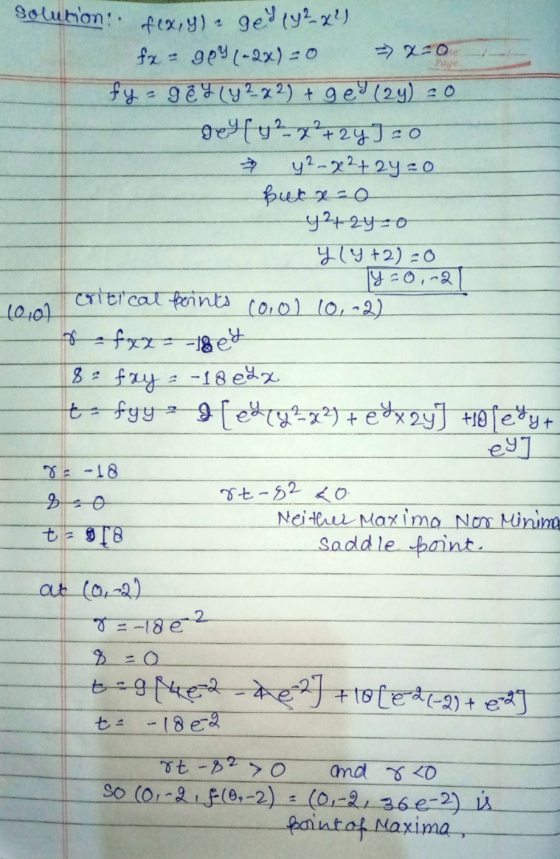 Page Solution. fex,y). ge| 192_x!) fx = goy (-2x) = 0 => 220 fy - 924 19222) + ge! (27) 20 geyfy?-x+2y) 20 y²-x²+2y=0 but x=0