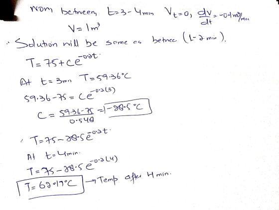 wom between ta3-4mm Veo, dv 1 2 0 m from min at (1-2 min ) v=lm? Solution will be some es betree T= 75+ceast At t= 3mn T-59:3