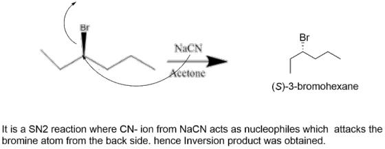 Br Br NaCN cetone (S)-3-bromohexane It is a SN2 reaction where CN- ion from NaCN acts as nucleophiles which attacks the bromi