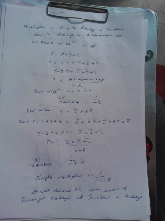Multipliei : It is the shange in Income due to change in Autonomous exp. we know at eq Y = AE Y= ctithe Y = c + 2 y + I + ã