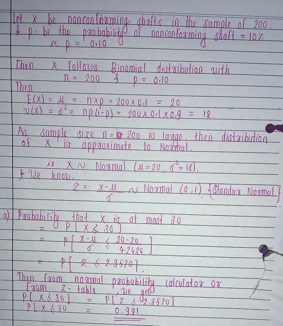 10 X be norcan förming shafts in the sample of 200. paobabiliyy of nonconforming shaft chaft = 10% & p. be the de p = 0.10 Th