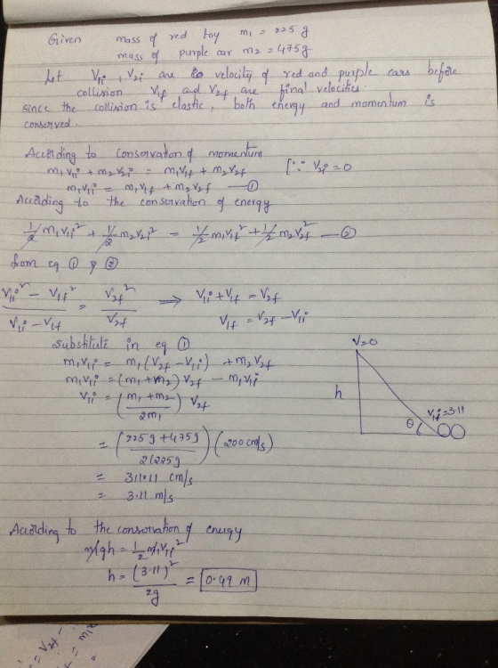 Given mass of red toy m - 225 g mass of purple car m2 475g het V , i are lo velocity of red and purple cars collision V and V