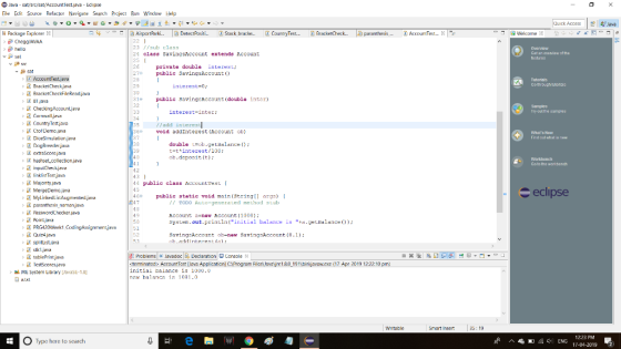 Java-sat/src/sat/Account lestiava-Eclipse Eile Edit Source Refattor Navigate Search Project Run岦indow Help 0 Access ava a Pac