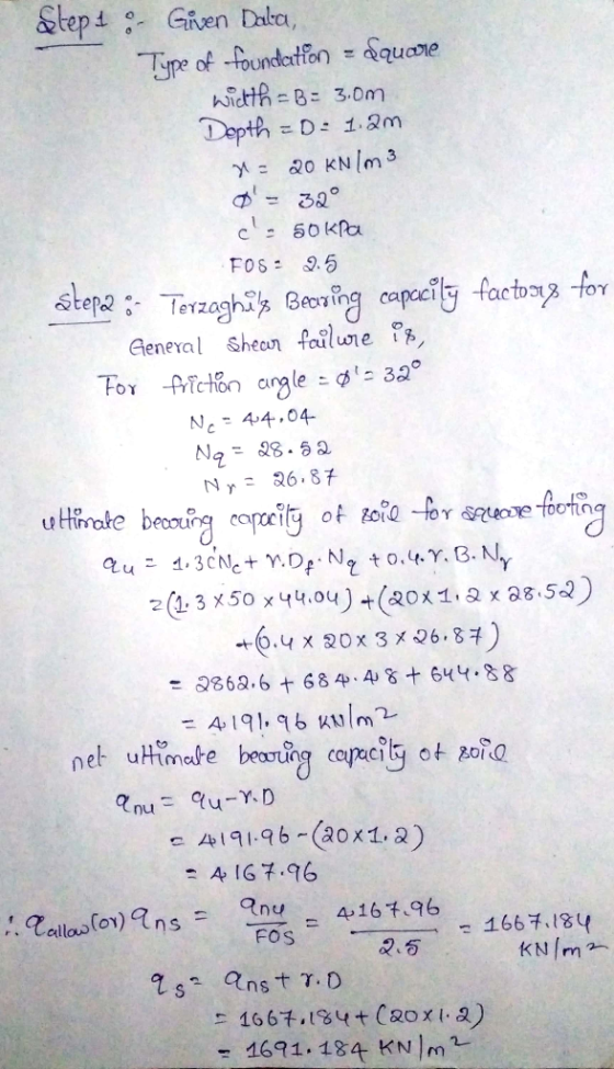 Step 1 : Given Dala, Type of foundation = aquare wichth = B = 3.0m Depth =D = 1.2m n 20 kN/m 3 0 - 32° ca sokra FOS: 2.5 st