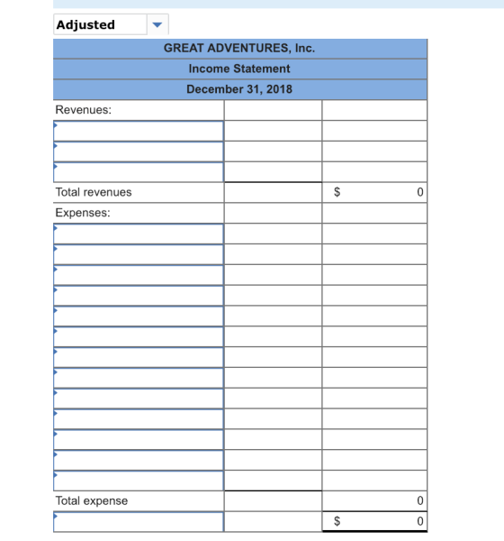 Adjusted- GREAT ADVENTURES, Inc Income Statement December 31, 2018 Revenues: Total revenues Expenses Total expense 0