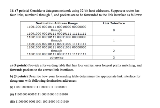 16. (7 points) Consider a datagram network using 32-bit host addresses. Suppose a router has four links, number 0 through 3,